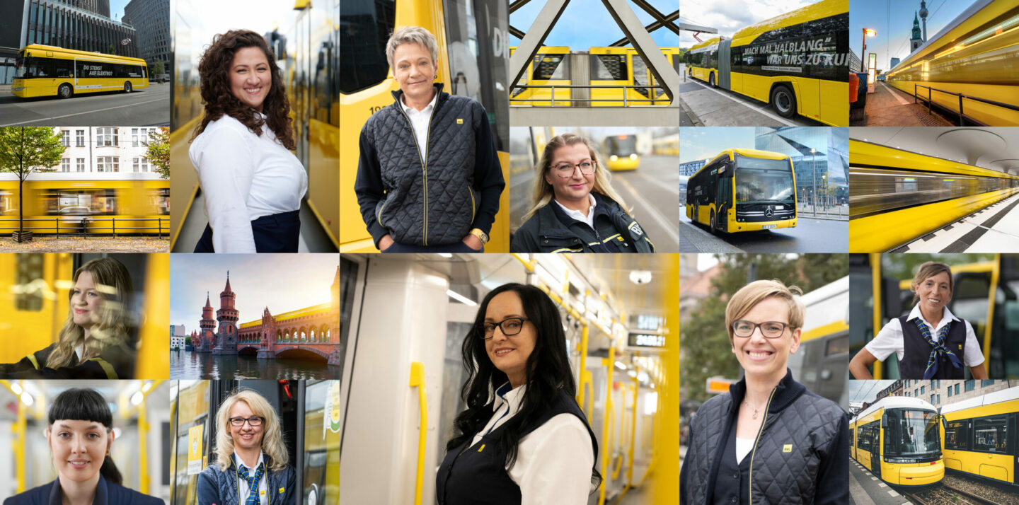 Foto-Collage aus einzelnen Bildern von Frauen in BVG-Fahrdienstkleidung und BVG-Fahrzeugen
